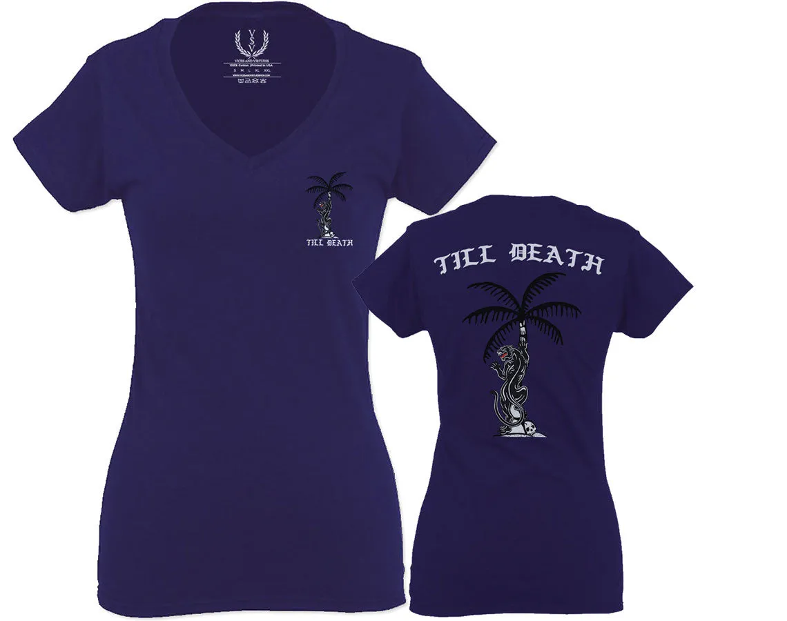 Summer Cool Graphic Palm Puma Tattoo Good Vibe Till Death Obei Society For Women V neck fitted T Shirt