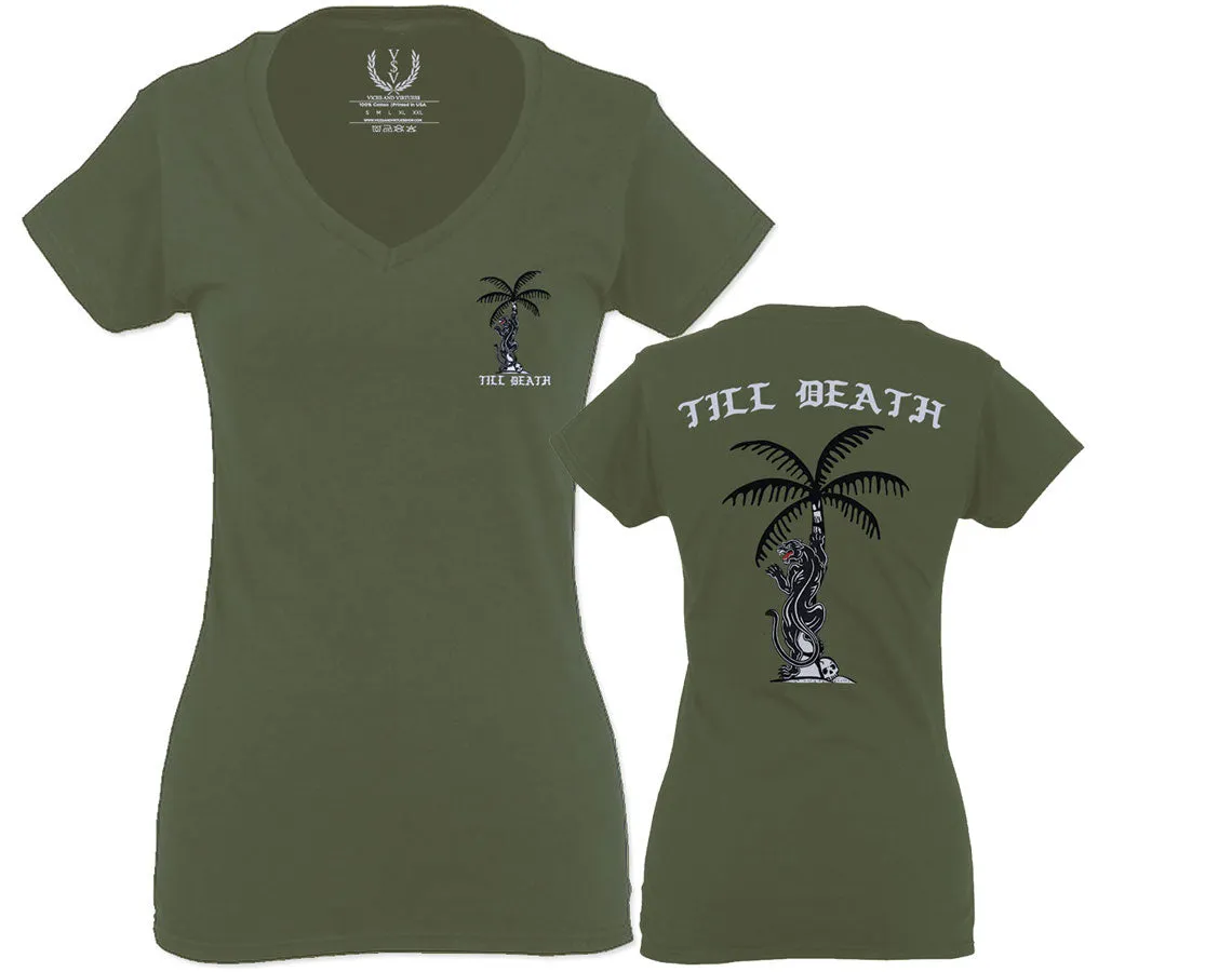 Summer Cool Graphic Palm Puma Tattoo Good Vibe Till Death Obei Society For Women V neck fitted T Shirt