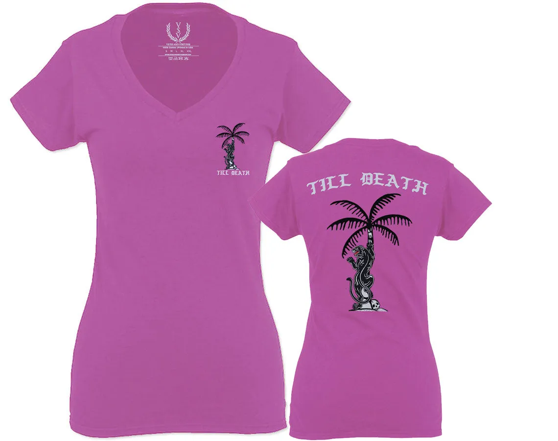 Summer Cool Graphic Palm Puma Tattoo Good Vibe Till Death Obei Society For Women V neck fitted T Shirt