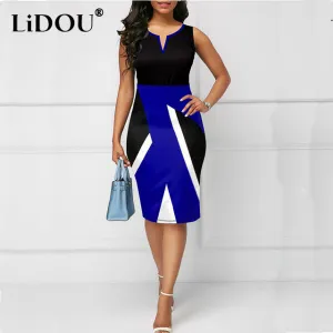 Summer Fashion Vintage Polka Dot Plaid Print Splicing Bodycon Dress Sleeveless Office Elegant Sheath Evening Party Dresses Women