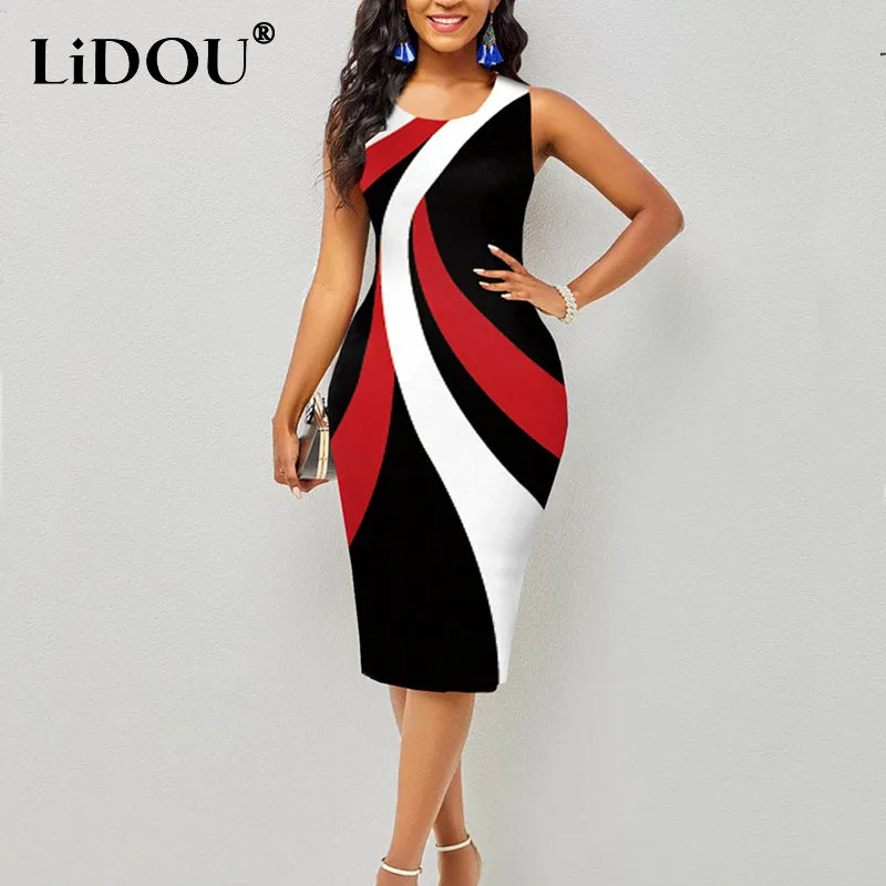 Summer Fashion Vintage Polka Dot Plaid Print Splicing Bodycon Dress Sleeveless Office Elegant Sheath Evening Party Dresses Women