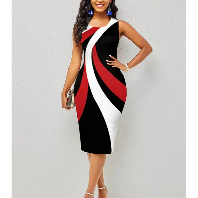 Summer Fashion Vintage Polka Dot Plaid Print Splicing Bodycon Dress Sleeveless Office Elegant Sheath Evening Party Dresses Women
