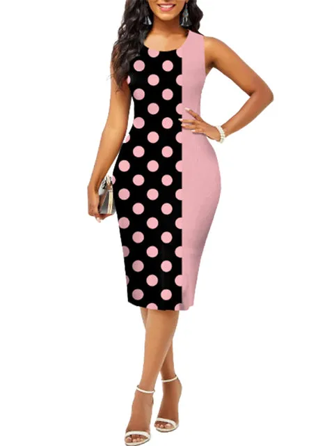 Summer Fashion Vintage Polka Dot Plaid Print Splicing Bodycon Dress Sleeveless Office Elegant Sheath Evening Party Dresses Women