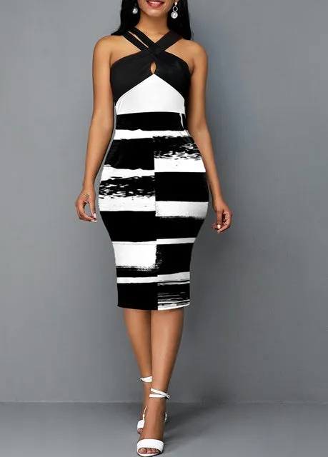 Summer Fashion Vintage Polka Dot Plaid Print Splicing Bodycon Dress Sleeveless Office Elegant Sheath Evening Party Dresses Women