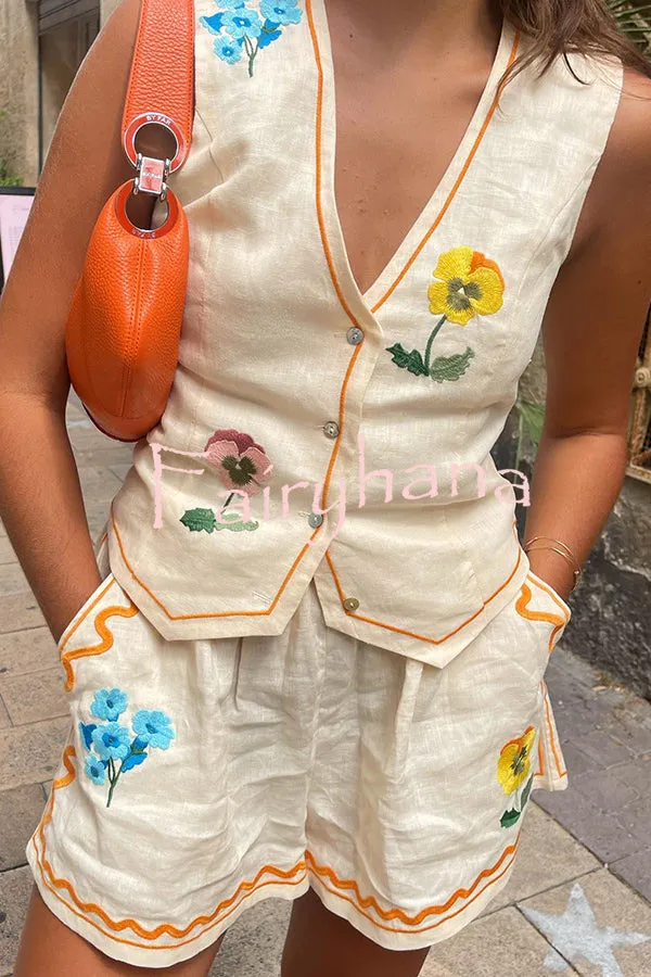 Summer Flower Printed Linen Blend Button Vest and Elastic Waist Pocketed Shorts Set