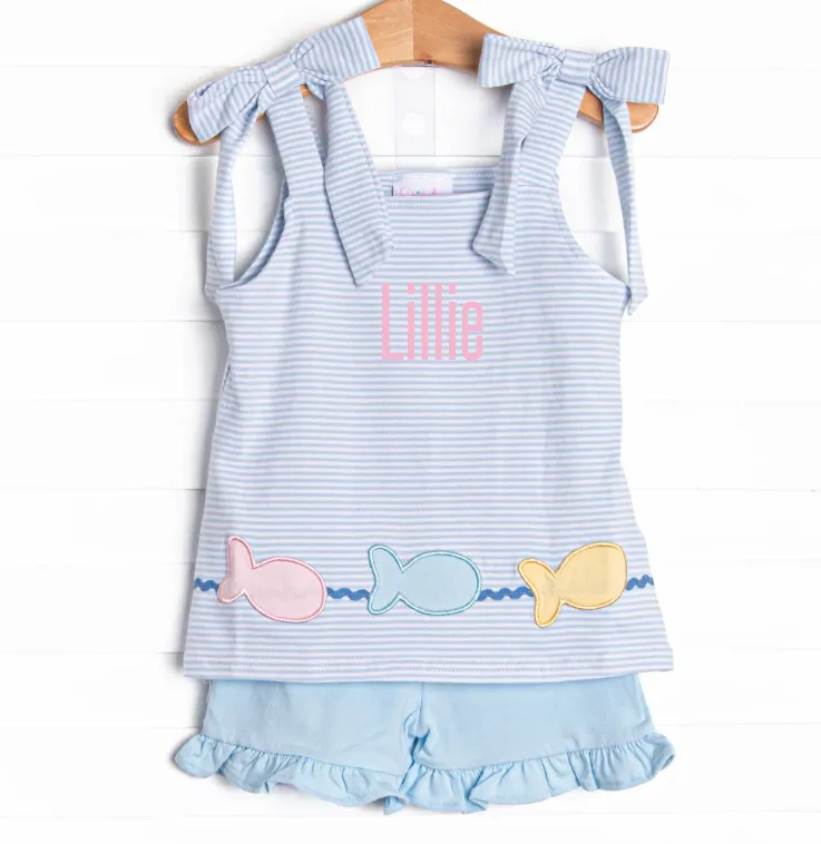 Swimming Along Applique Ruffle Short Set, Blue