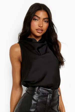 Tall Cowl Neck Sleeveless  Satin Top
