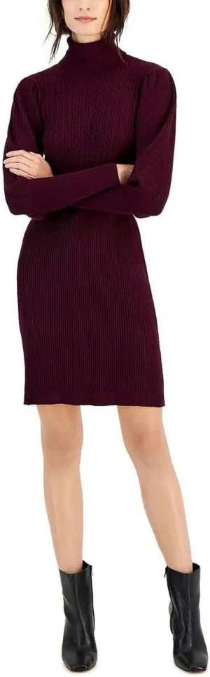 Taylor Dresses Women's Mock Neck Puff Sleeve Cable Knit Sweater Dress 6702M