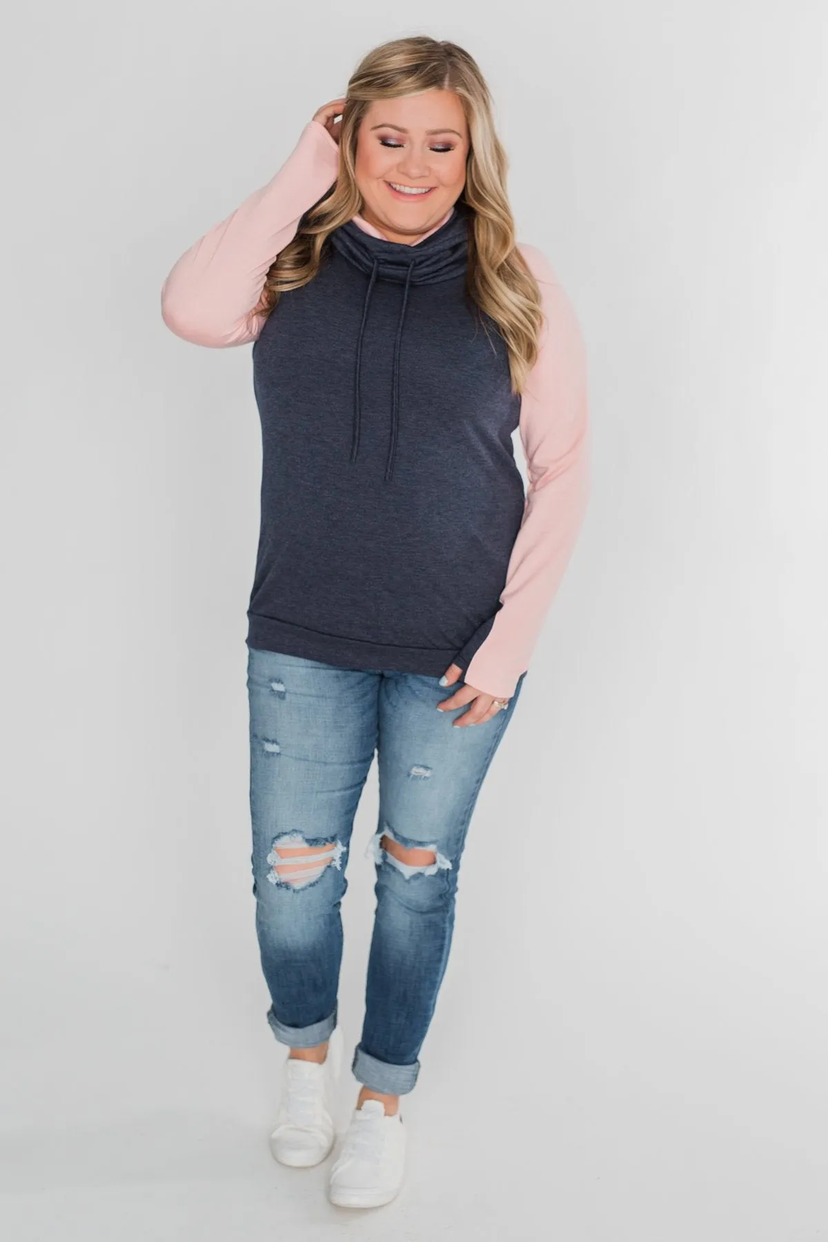 The Ultimate Navy & Blush Cowl Neck Top