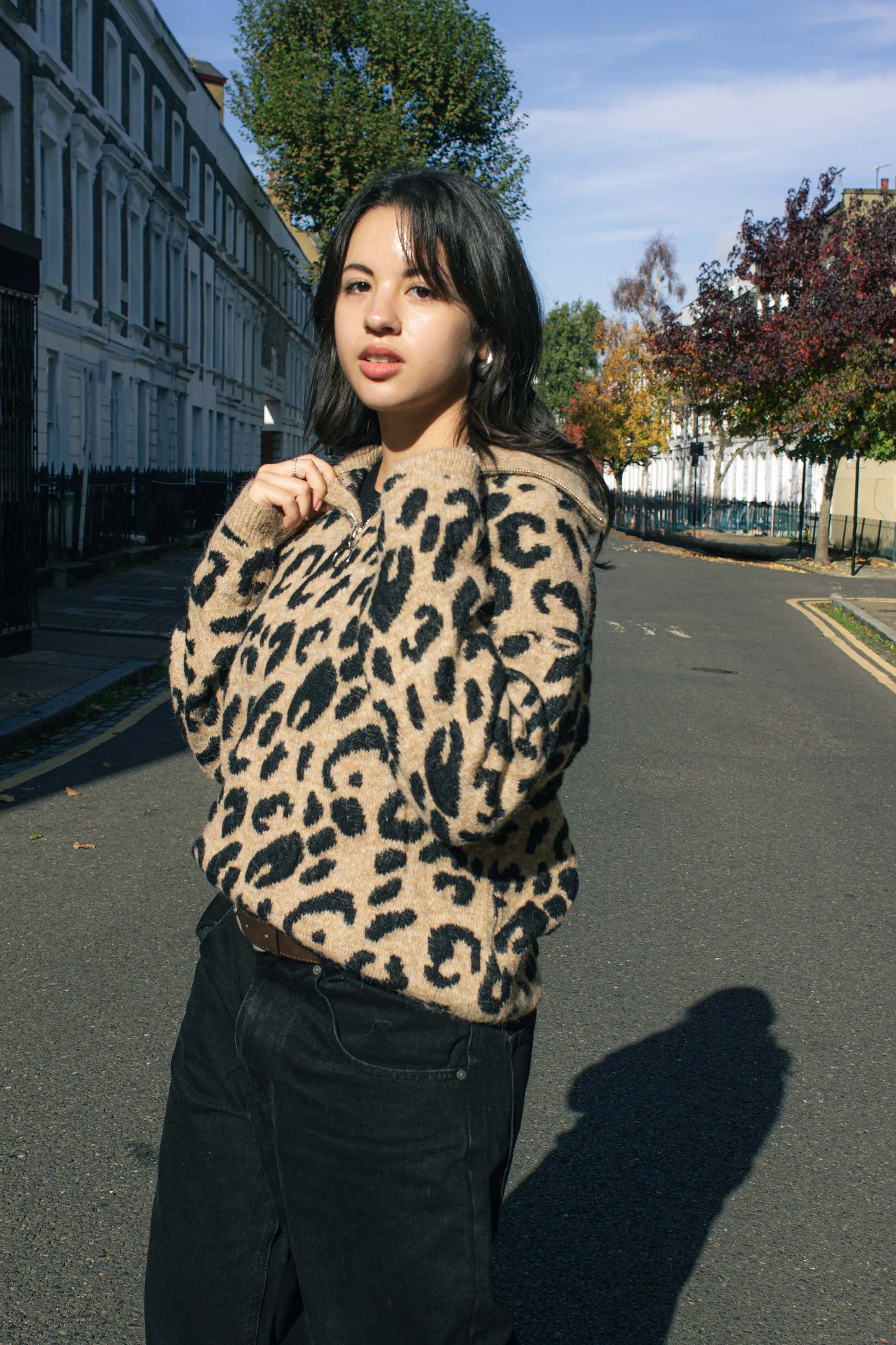 Three Quarter Zip Leopard Print Jumper