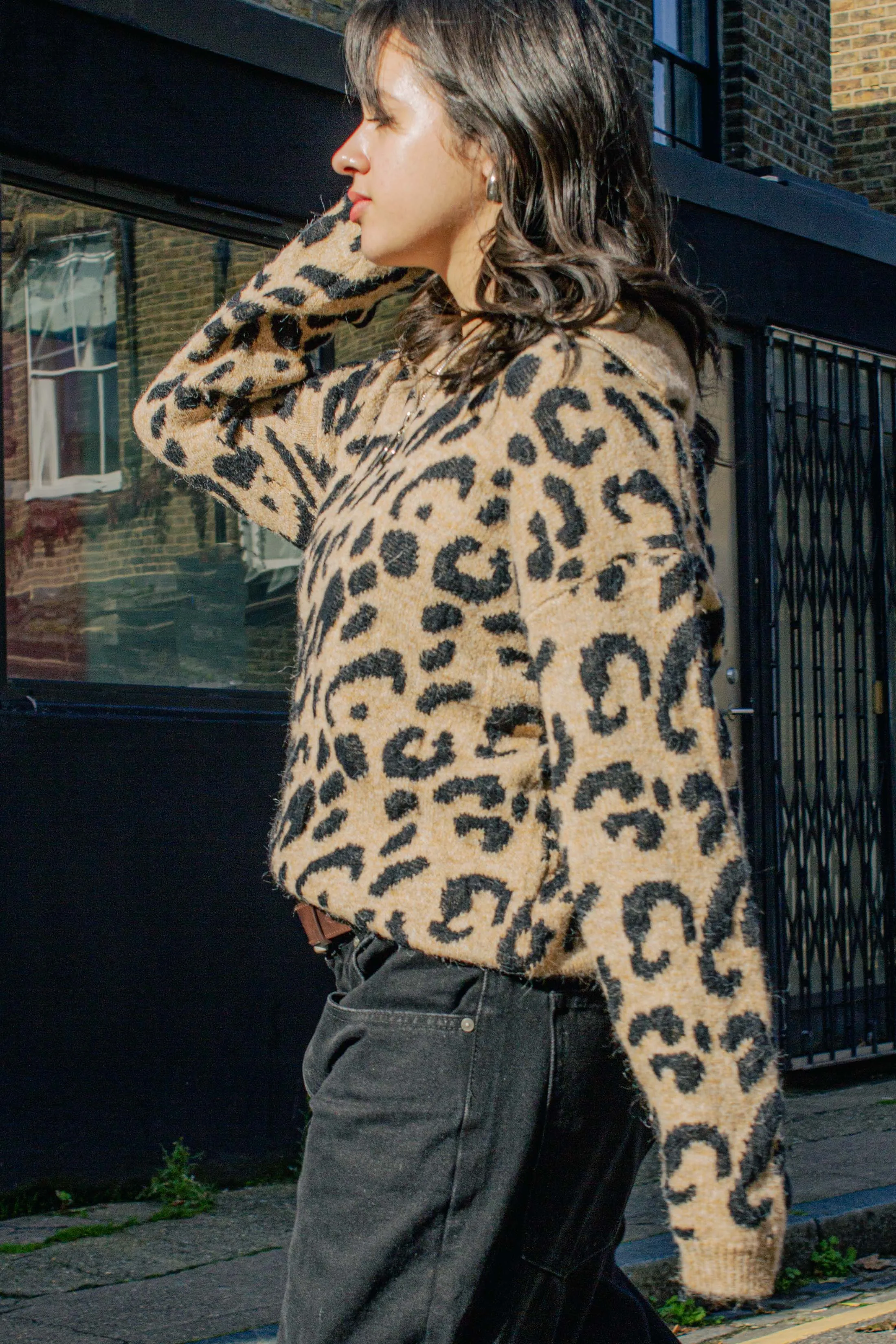 Three Quarter Zip Leopard Print Jumper