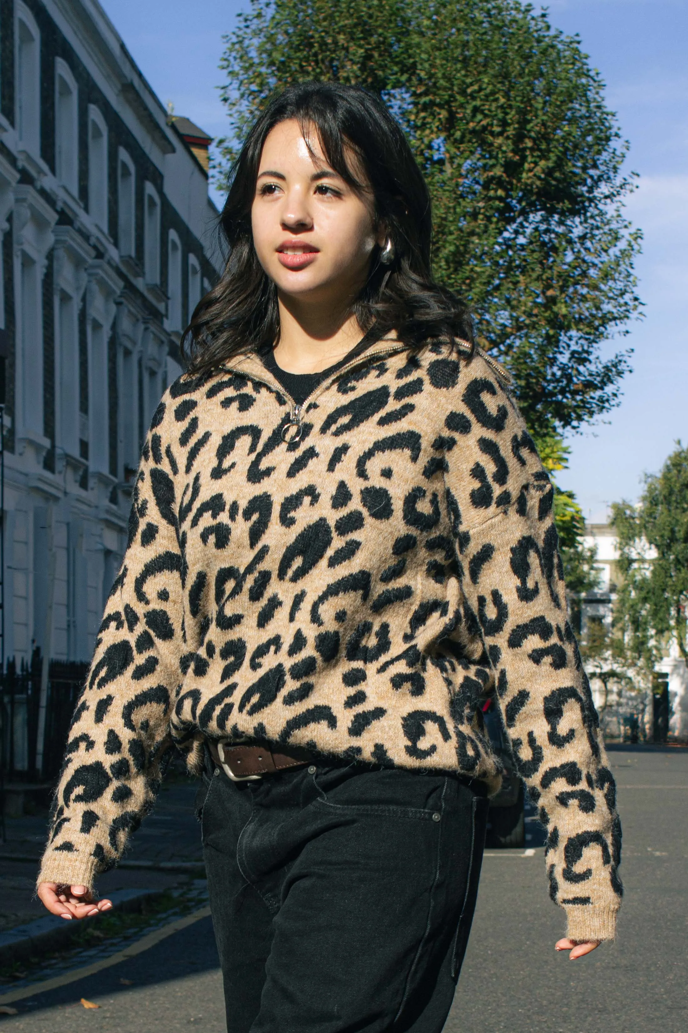 Three Quarter Zip Leopard Print Jumper