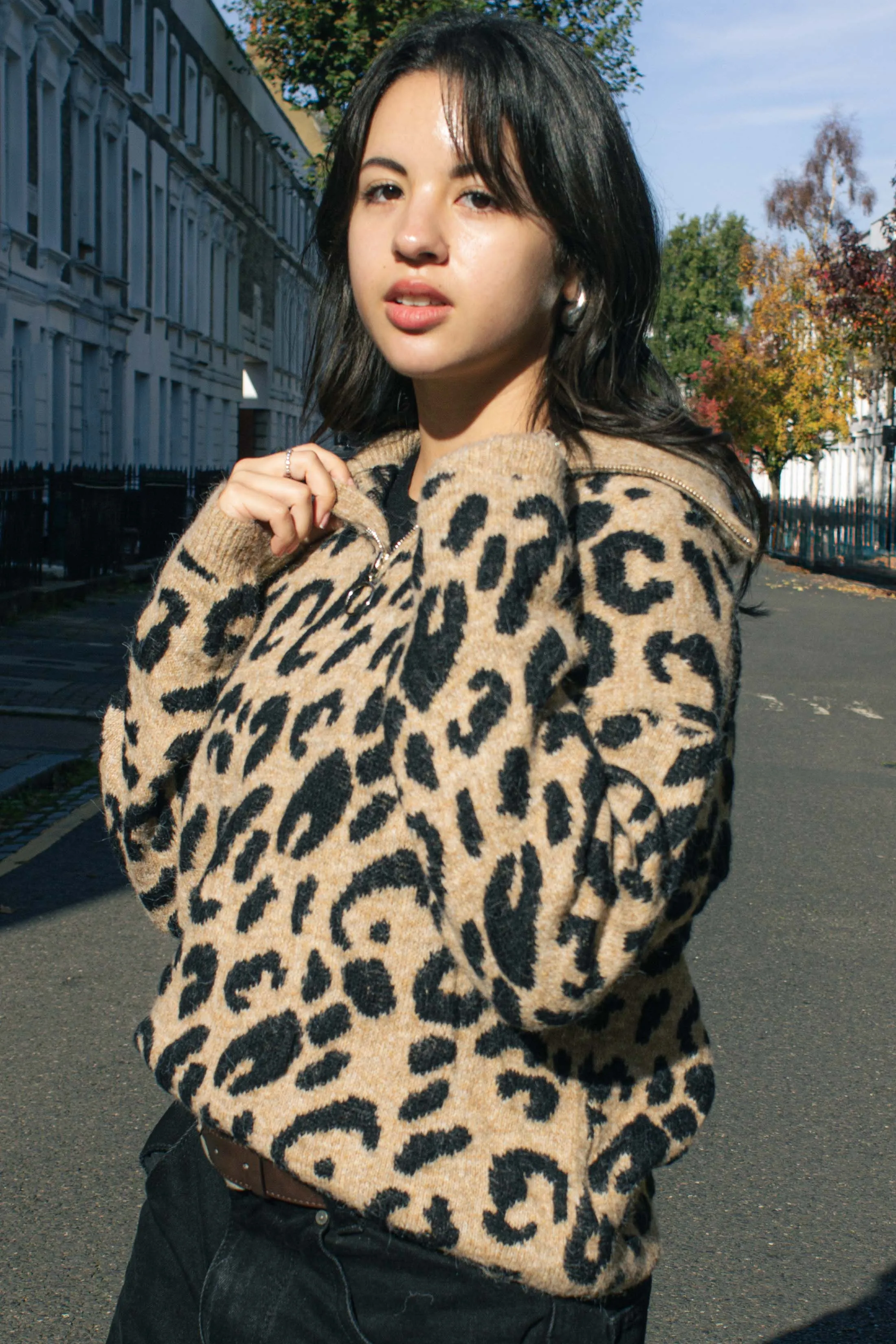 Three Quarter Zip Leopard Print Jumper