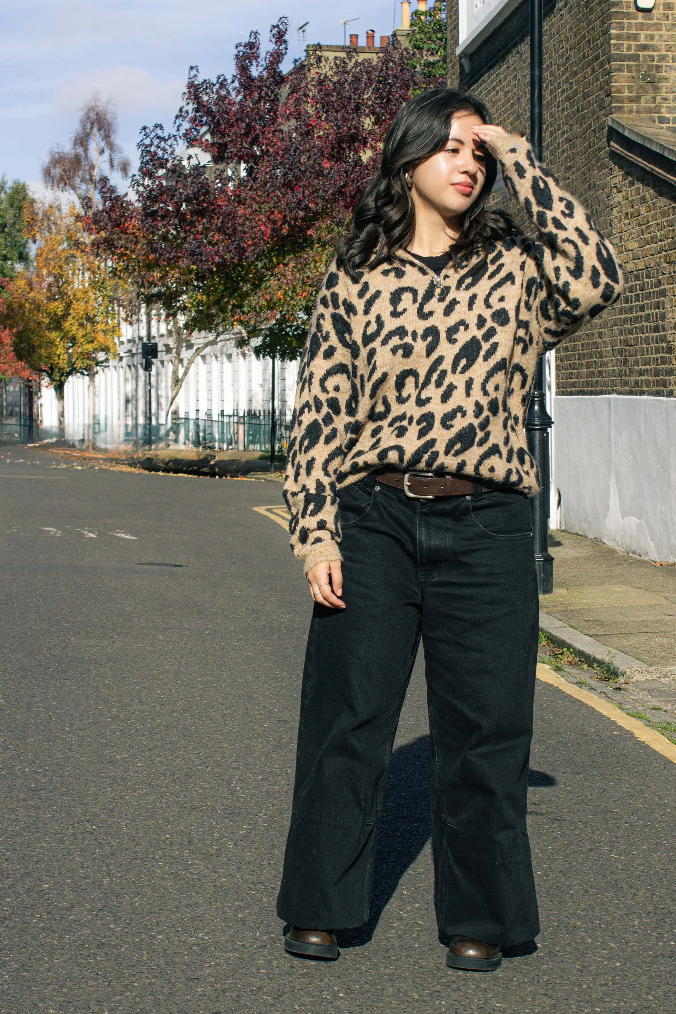 Three Quarter Zip Leopard Print Jumper