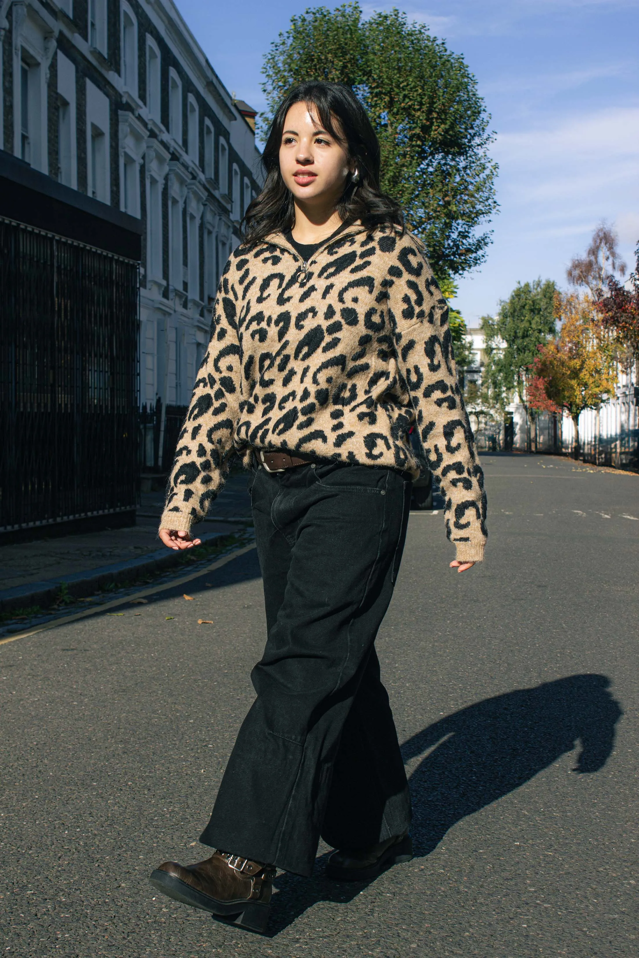 Three Quarter Zip Leopard Print Jumper