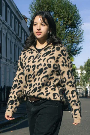 Three Quarter Zip Leopard Print Jumper