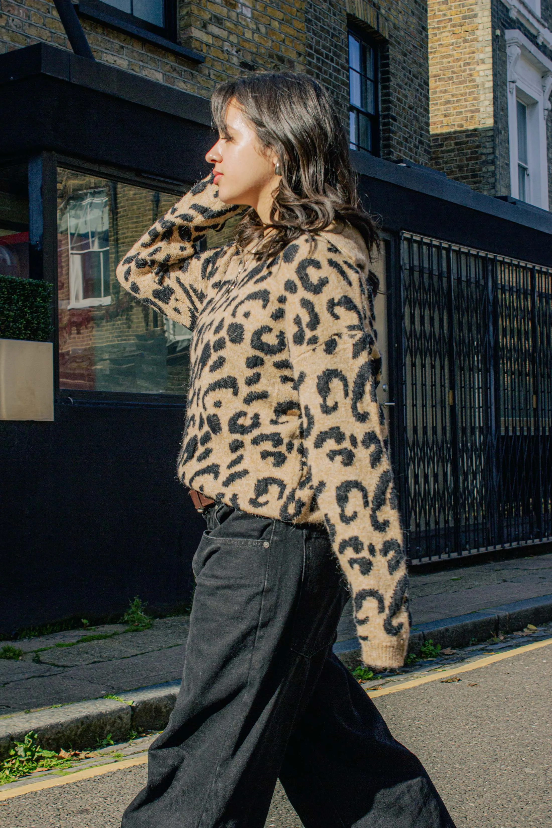 Three Quarter Zip Leopard Print Jumper