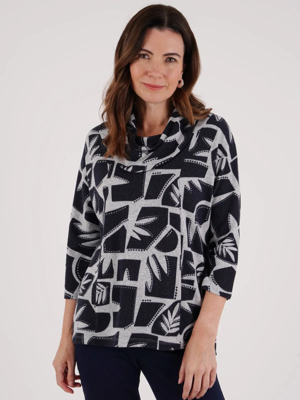 TIGI 14/16 Grey/Blue Geo Leaf Print Chevron Cowl Neck Top - T25-15A