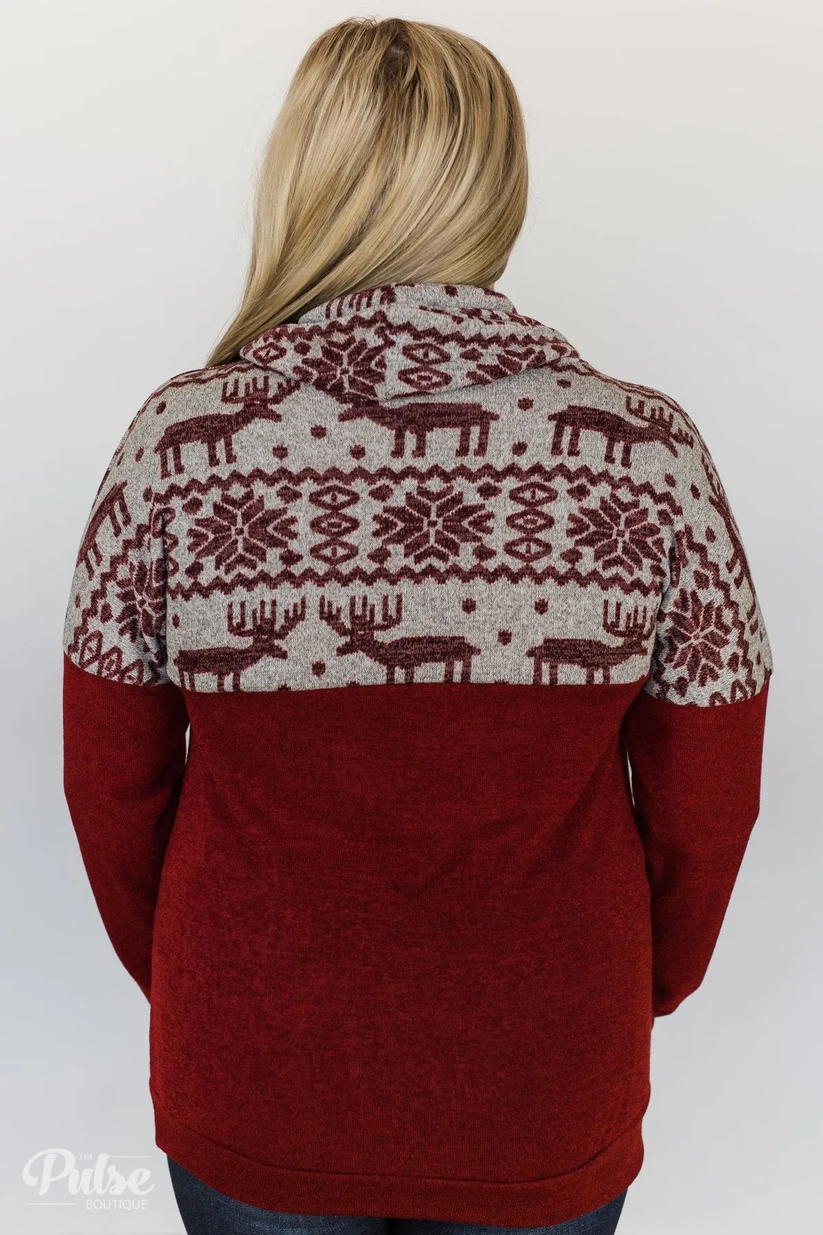 Touch of Christmas Reindeer Cowl Neck Top- Burgundy