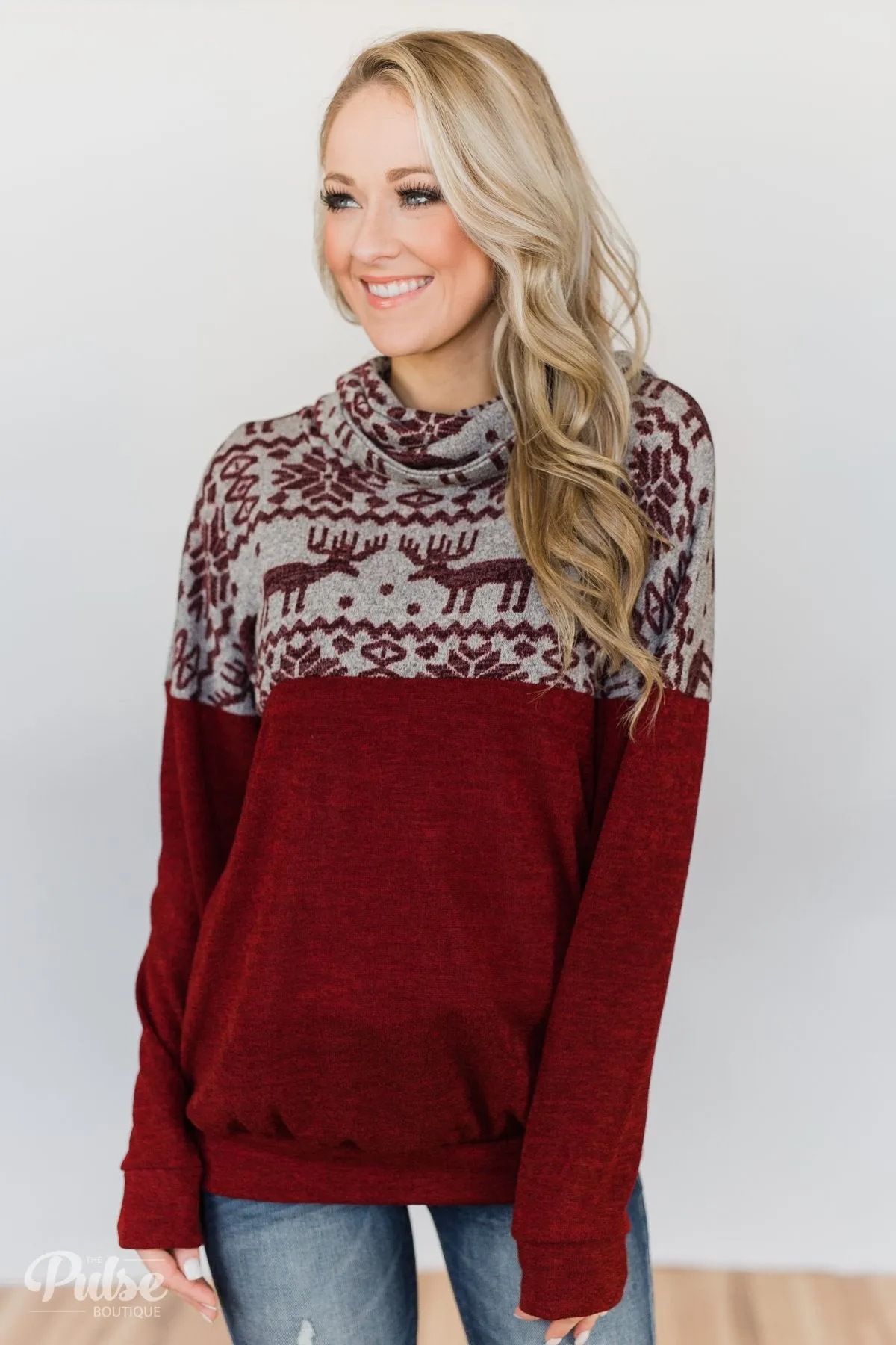 Touch of Christmas Reindeer Cowl Neck Top- Burgundy
