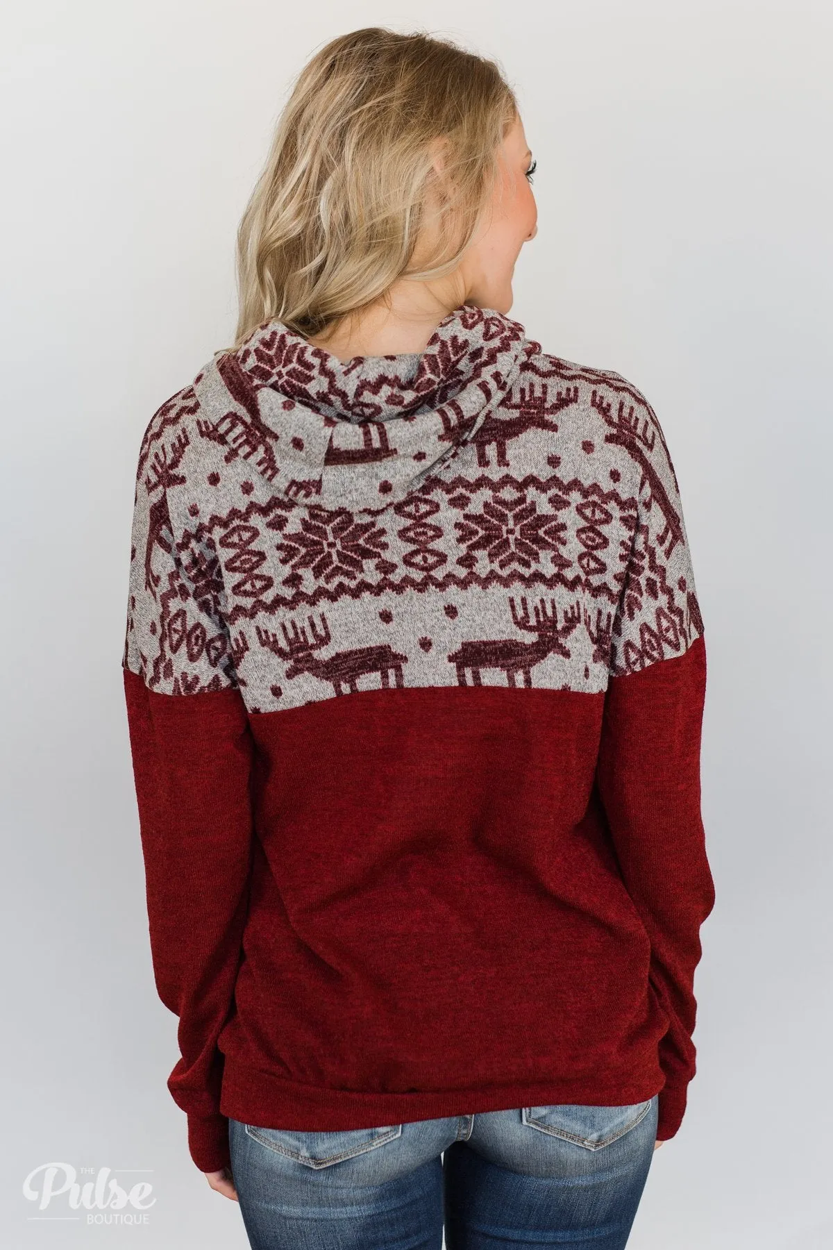 Touch of Christmas Reindeer Cowl Neck Top- Burgundy