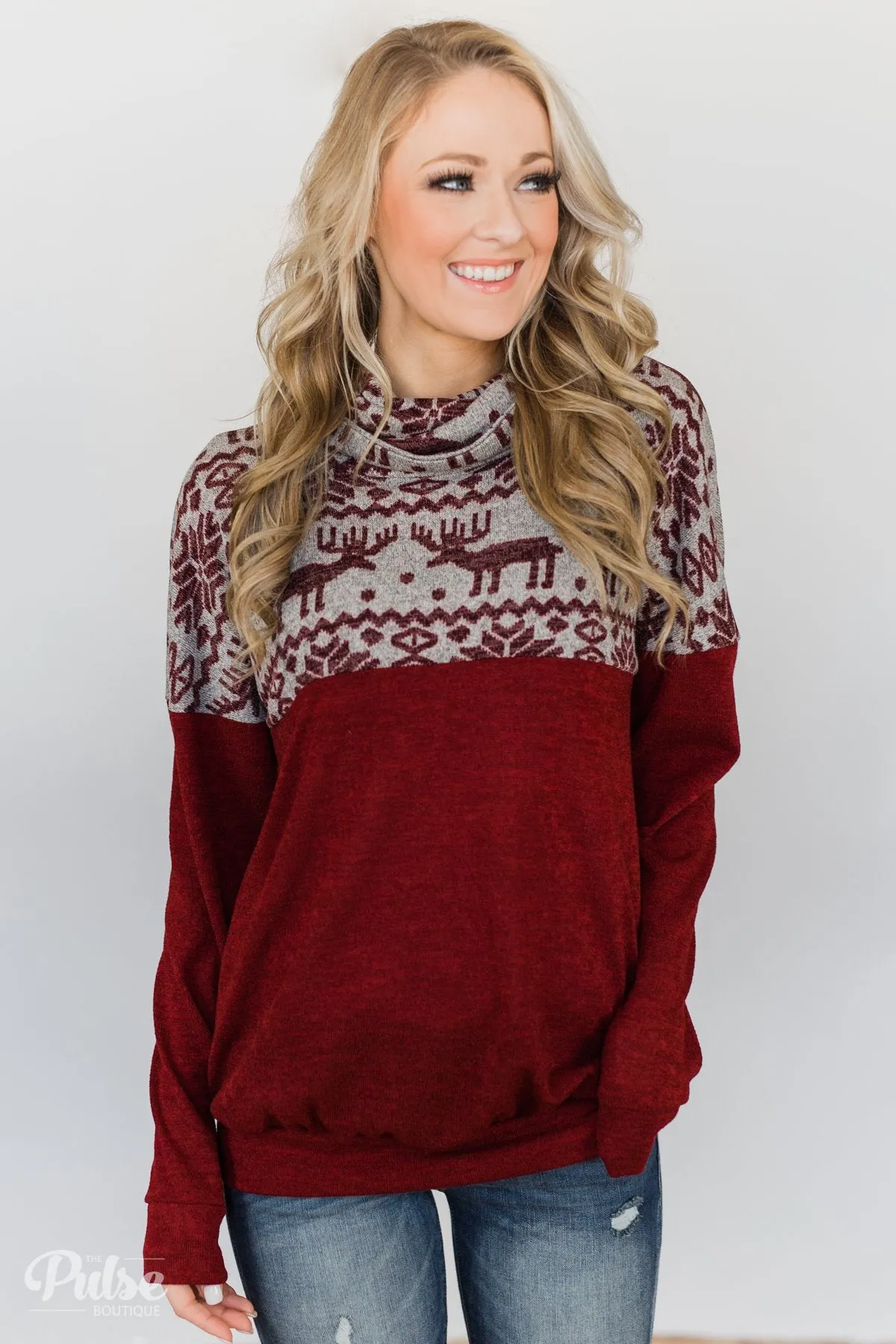 Touch of Christmas Reindeer Cowl Neck Top- Burgundy