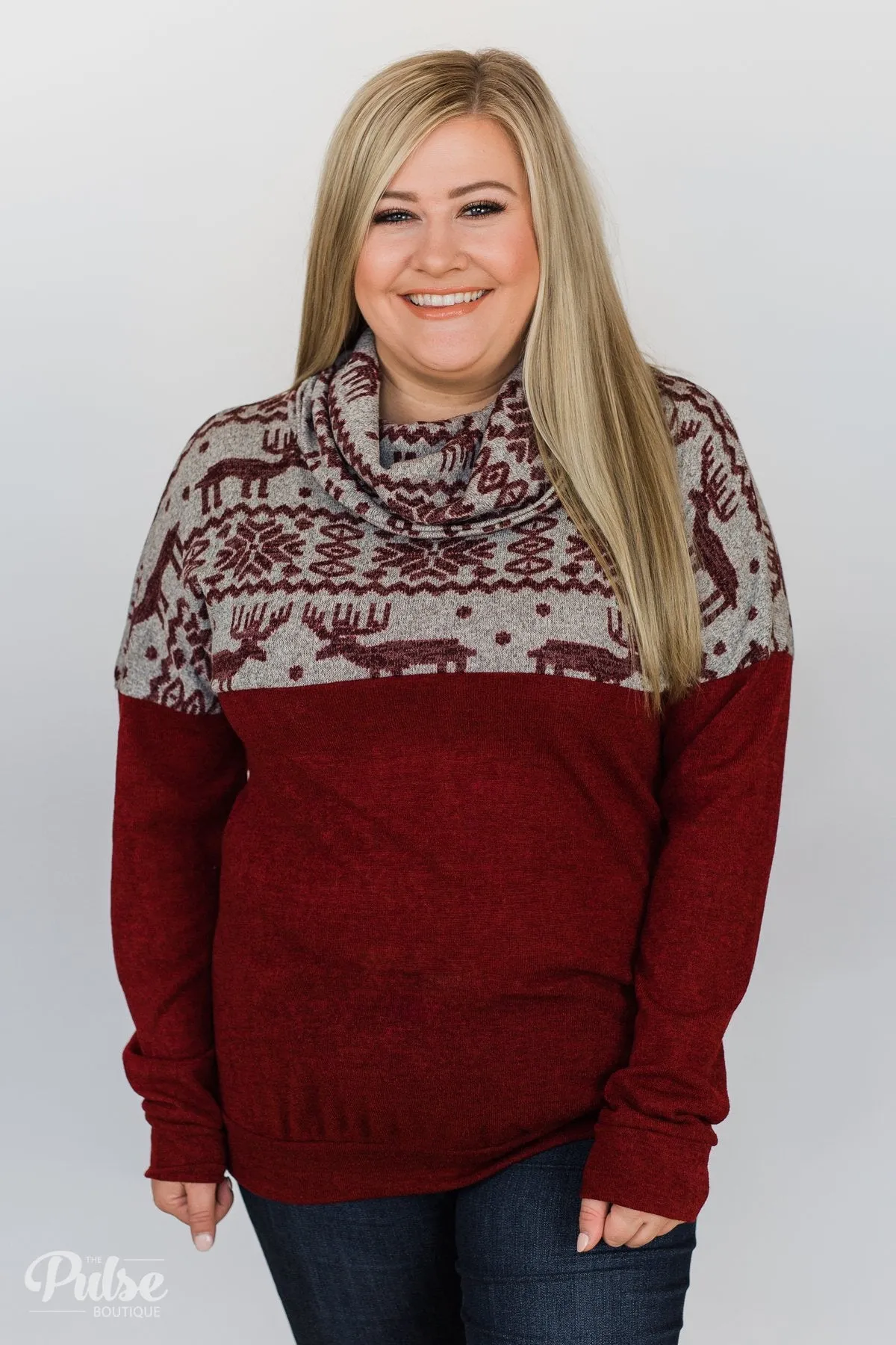 Touch of Christmas Reindeer Cowl Neck Top- Burgundy