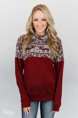 Touch of Christmas Reindeer Cowl Neck Top- Burgundy