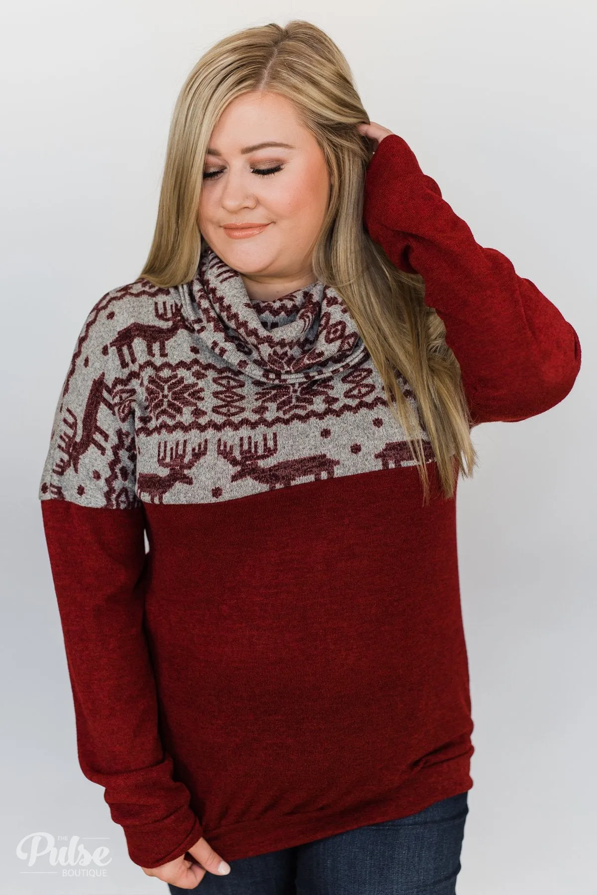 Touch of Christmas Reindeer Cowl Neck Top- Burgundy