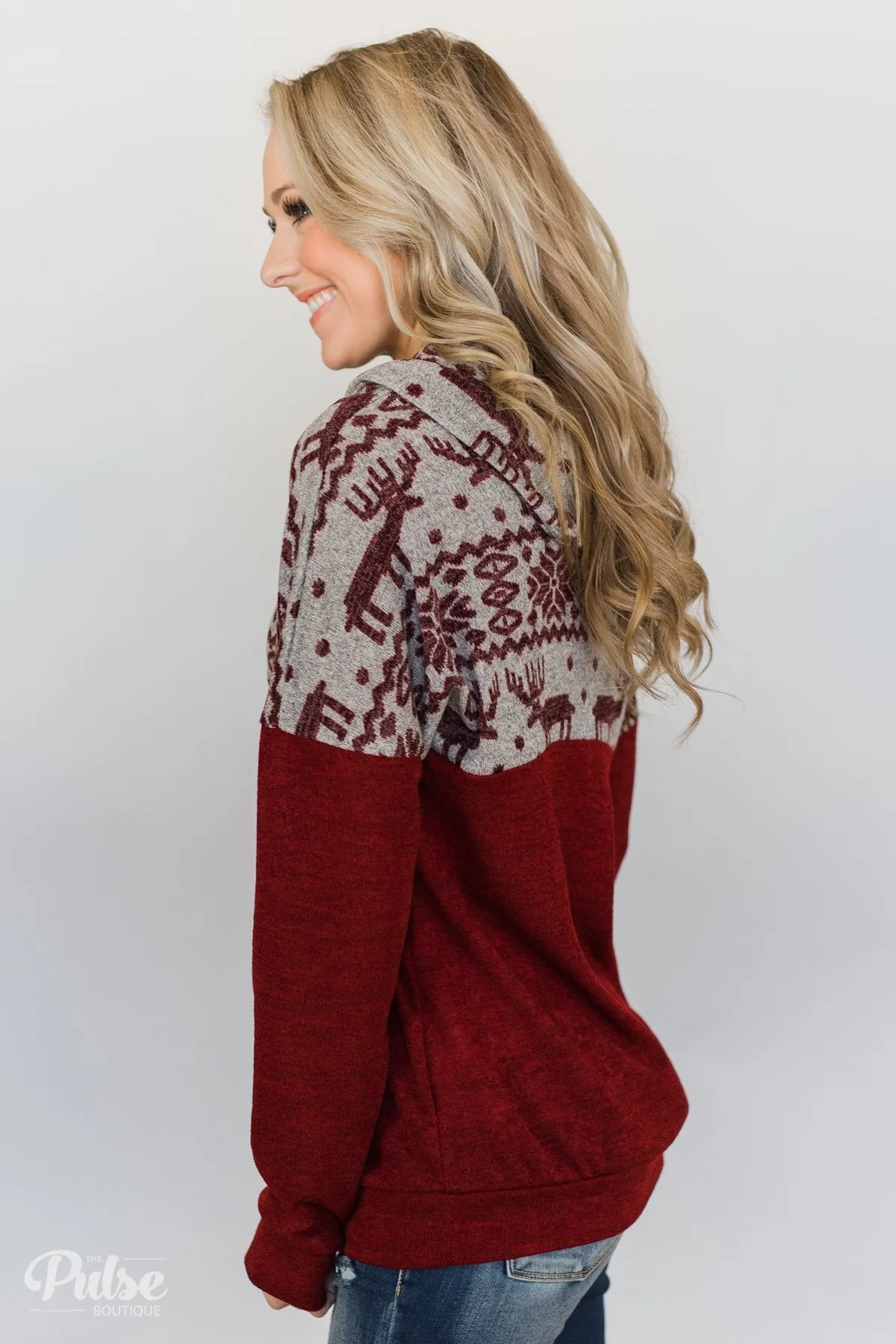Touch of Christmas Reindeer Cowl Neck Top- Burgundy