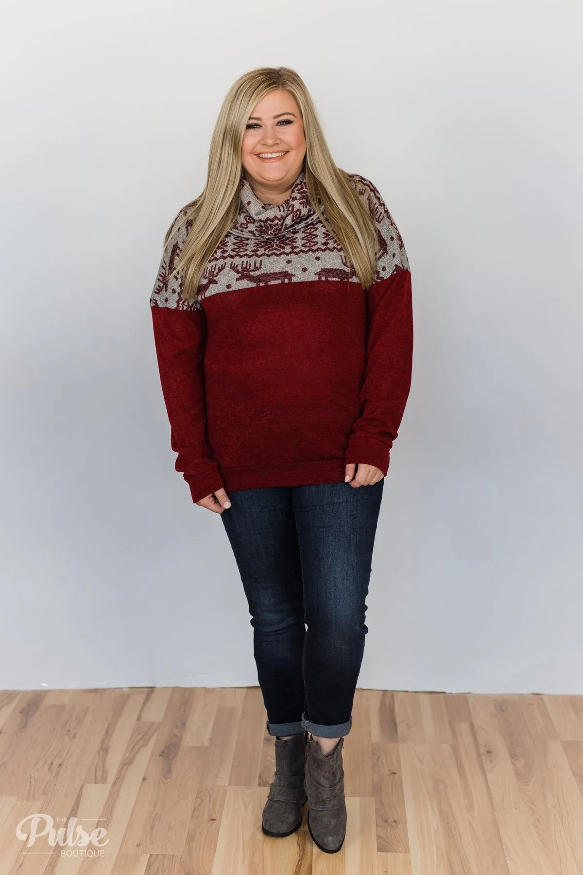 Touch of Christmas Reindeer Cowl Neck Top- Burgundy