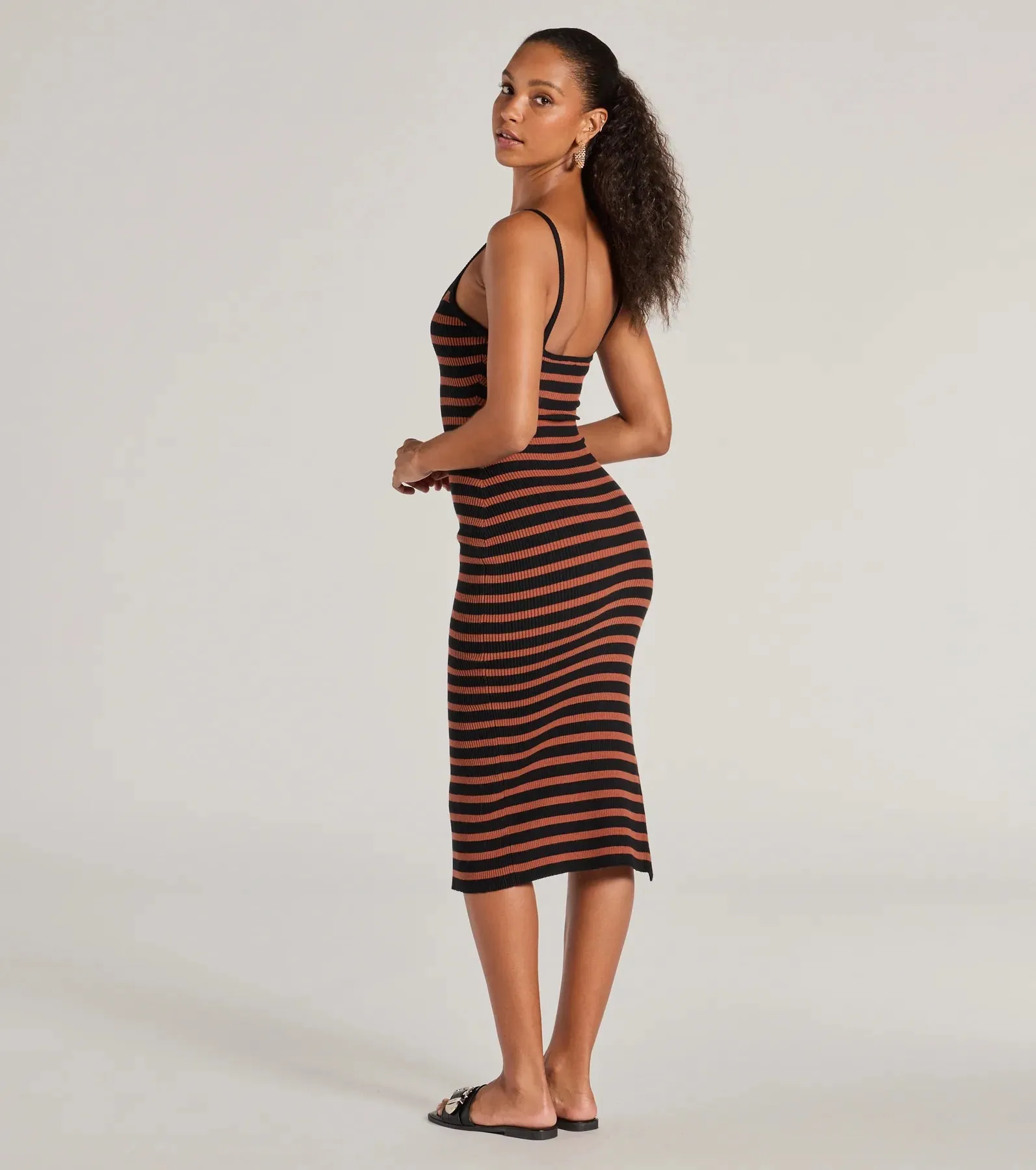 Trendy Staple Striped Ribbed Knit Midi Dress