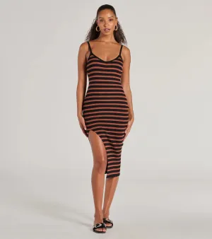 Trendy Staple Striped Ribbed Knit Midi Dress