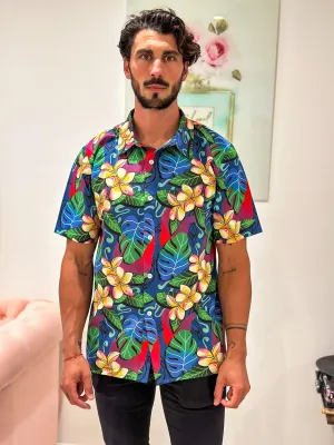 TROPICAL PLUMERIA BUTTON UP COLLARED SHIRT