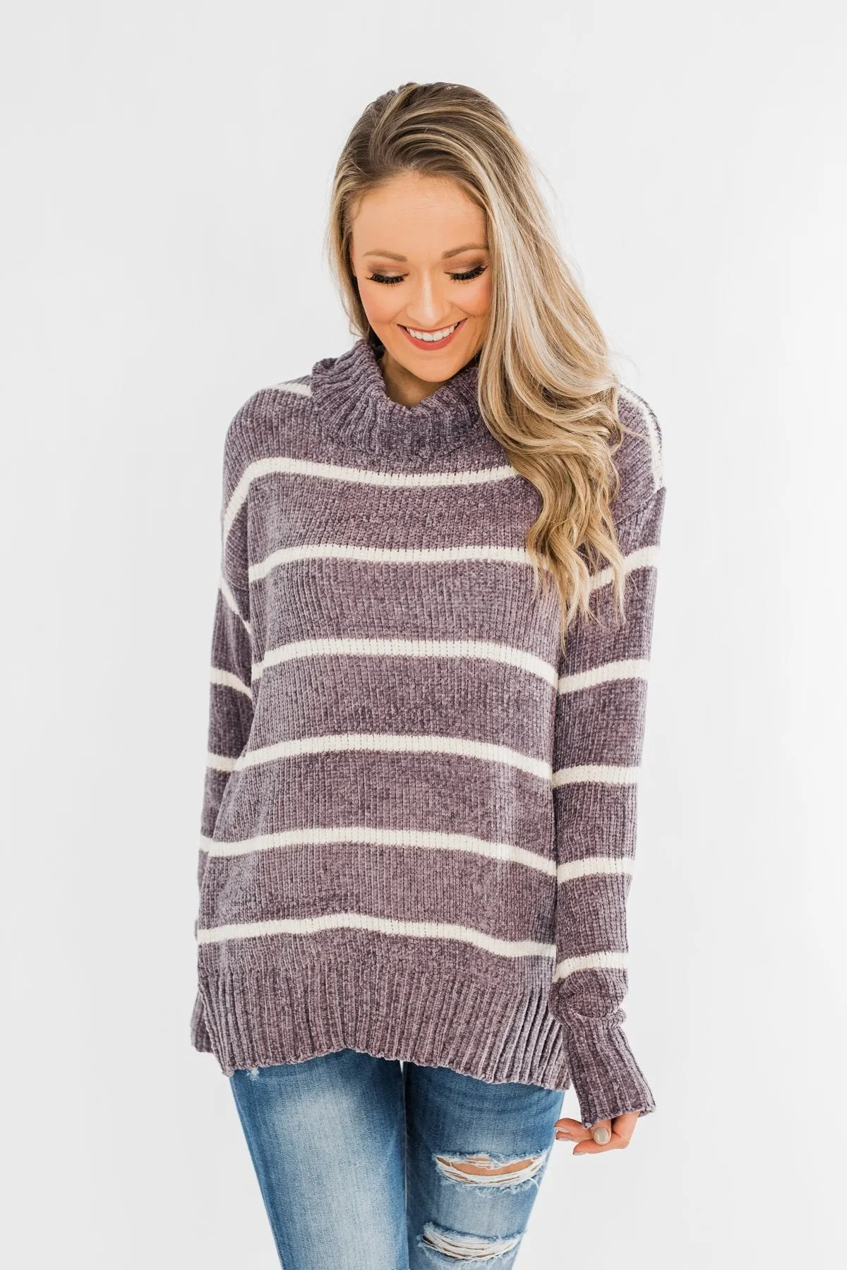 Truly Faithful Striped Sweater- Dusty Lavender