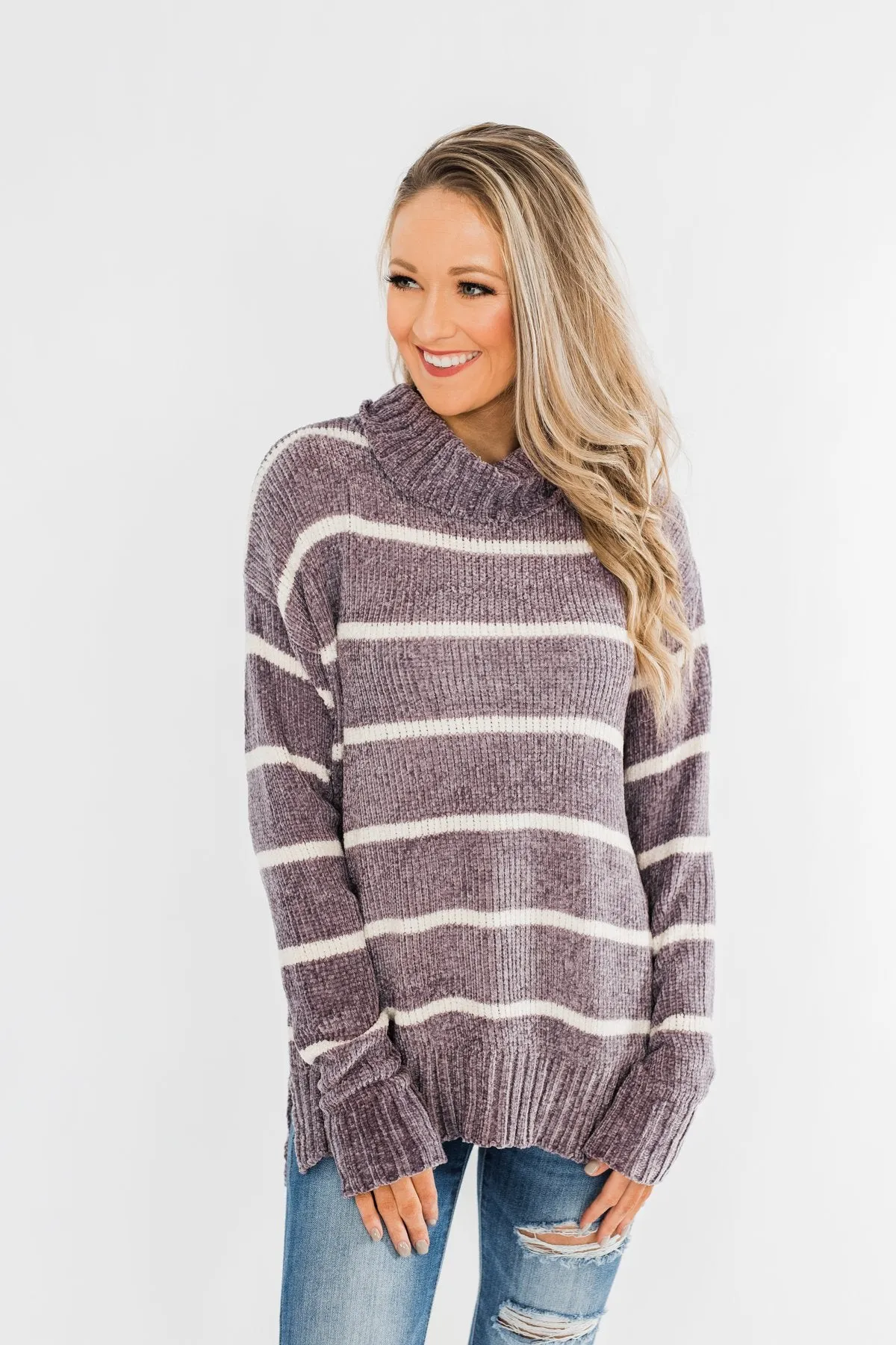 Truly Faithful Striped Sweater- Dusty Lavender