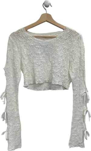 Tularosa White Textured Long Sleeve Top with Sleeve Bows UK S