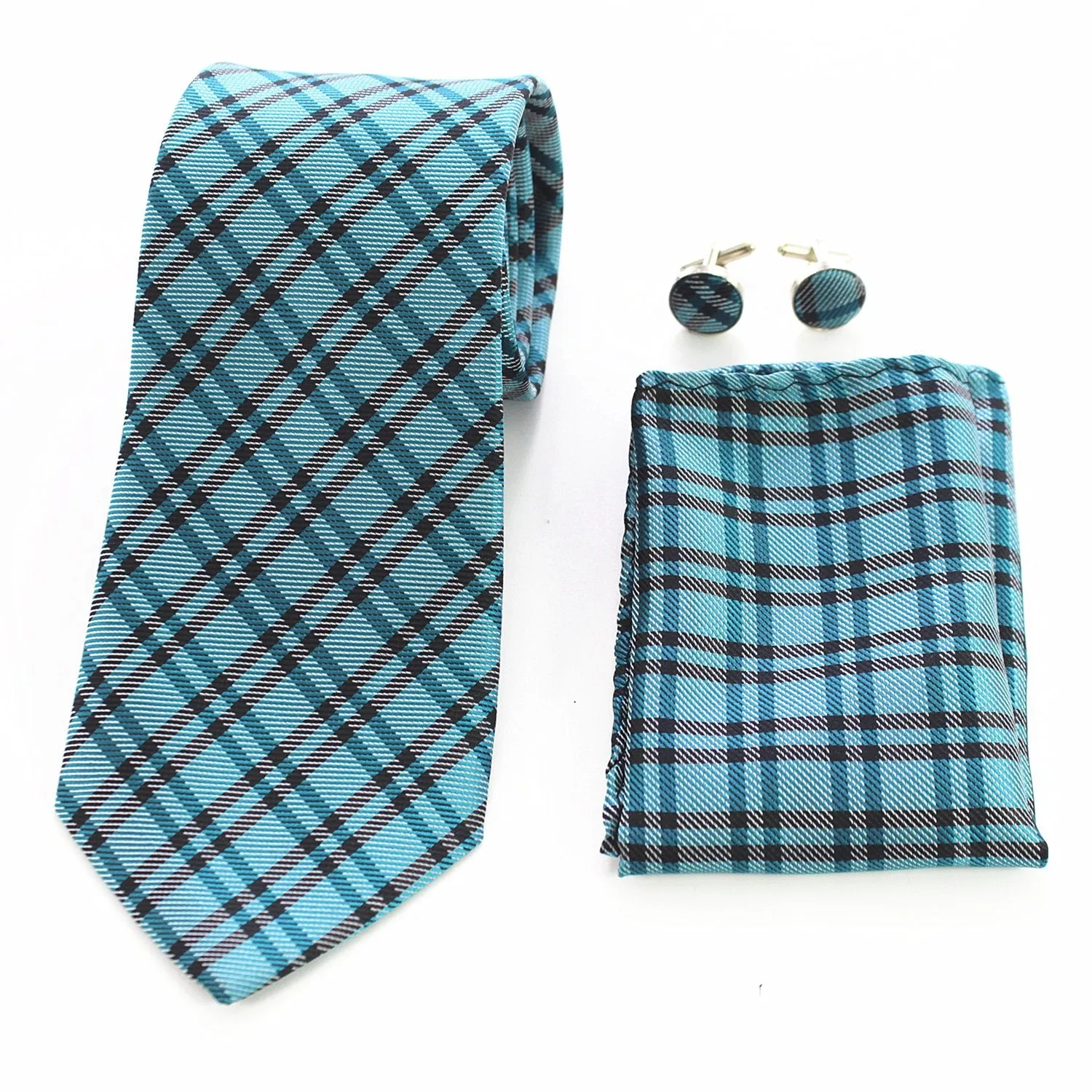 Turquoise Blue And Black Plaid Designer Silk Floral Necktie with Matching Cufflinks & Pocket Square Set for Men