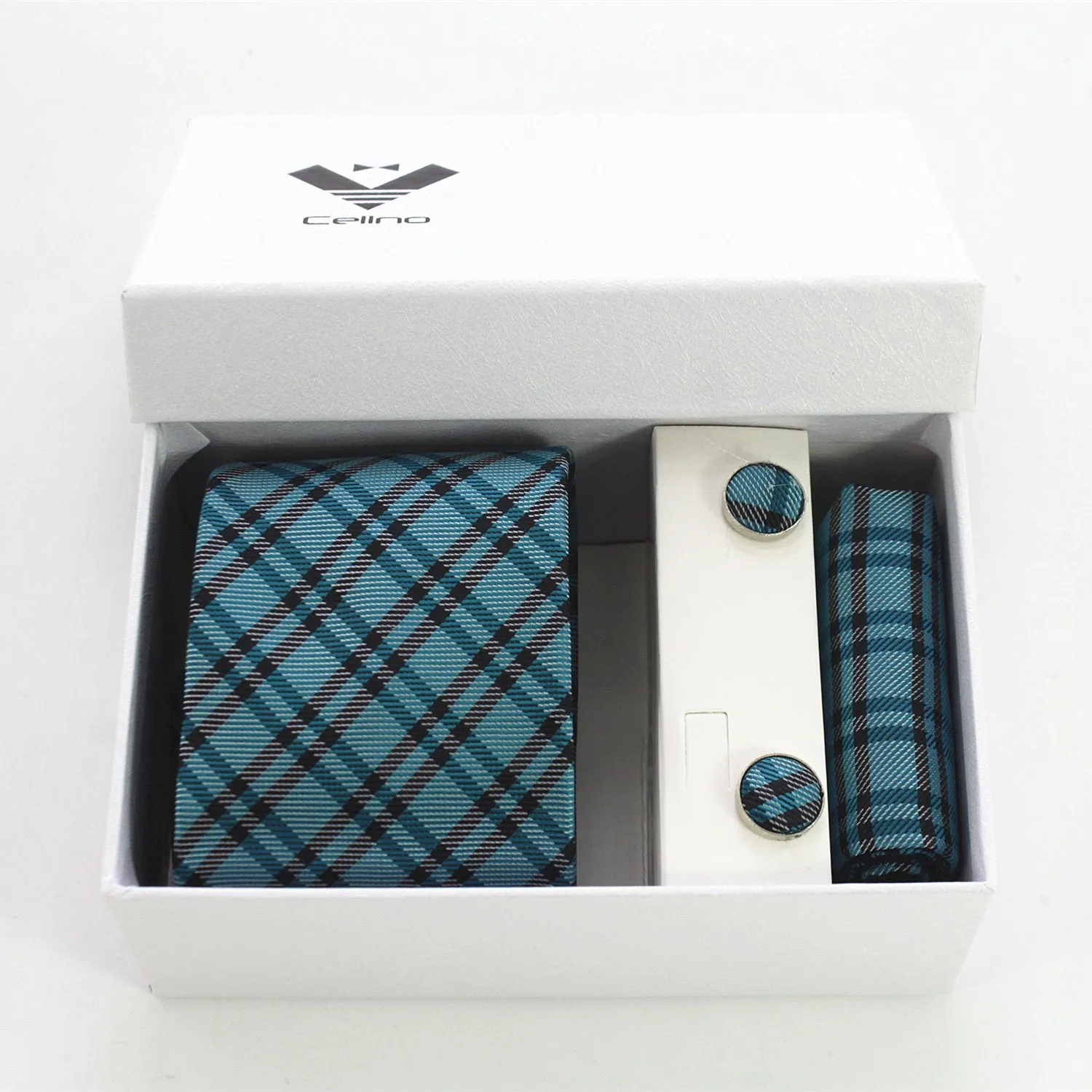Turquoise Blue And Black Plaid Designer Silk Floral Necktie with Matching Cufflinks & Pocket Square Set for Men