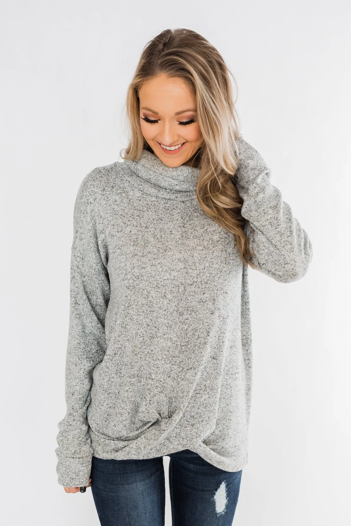 Twist of Winter Cowl Neck Top- Heather Grey