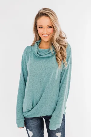 Twist of Winter Cowl Neck Top- Light Blue