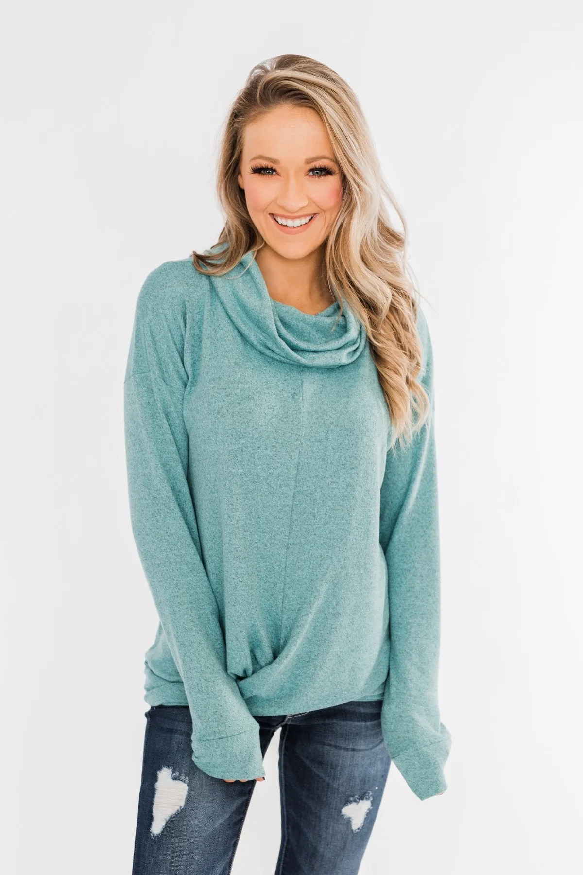 Twist of Winter Cowl Neck Top- Light Blue