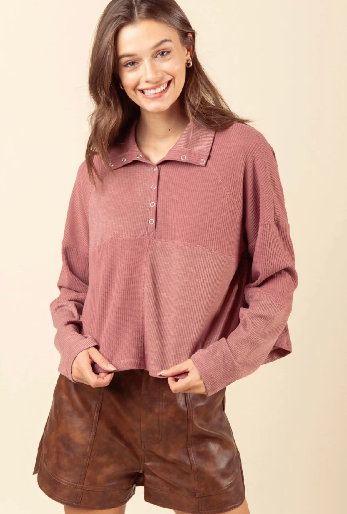 TWO COLORS - Raven Mock Neck Ribbed Henley Knit Top