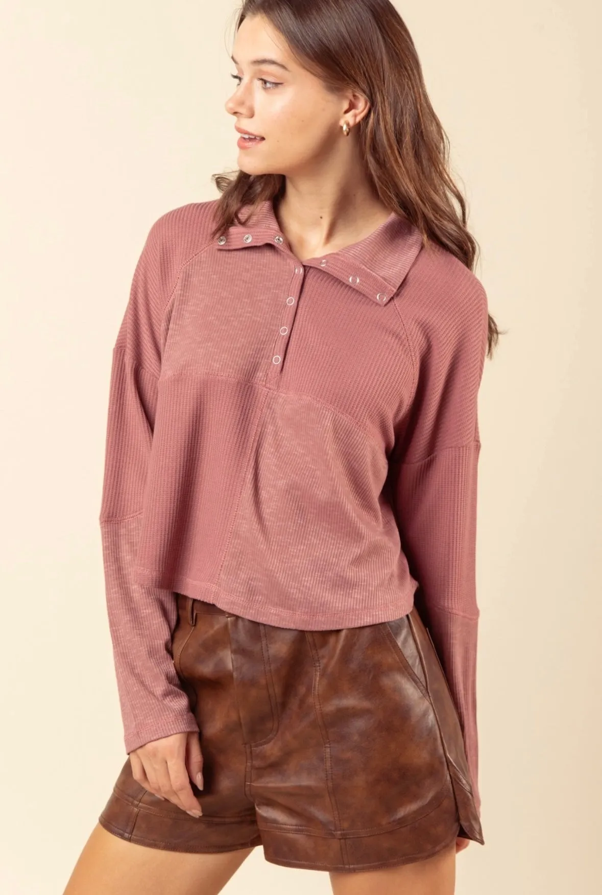 TWO COLORS - Raven Mock Neck Ribbed Henley Knit Top