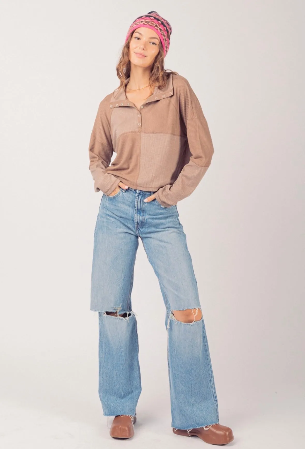 TWO COLORS - Raven Mock Neck Ribbed Henley Knit Top