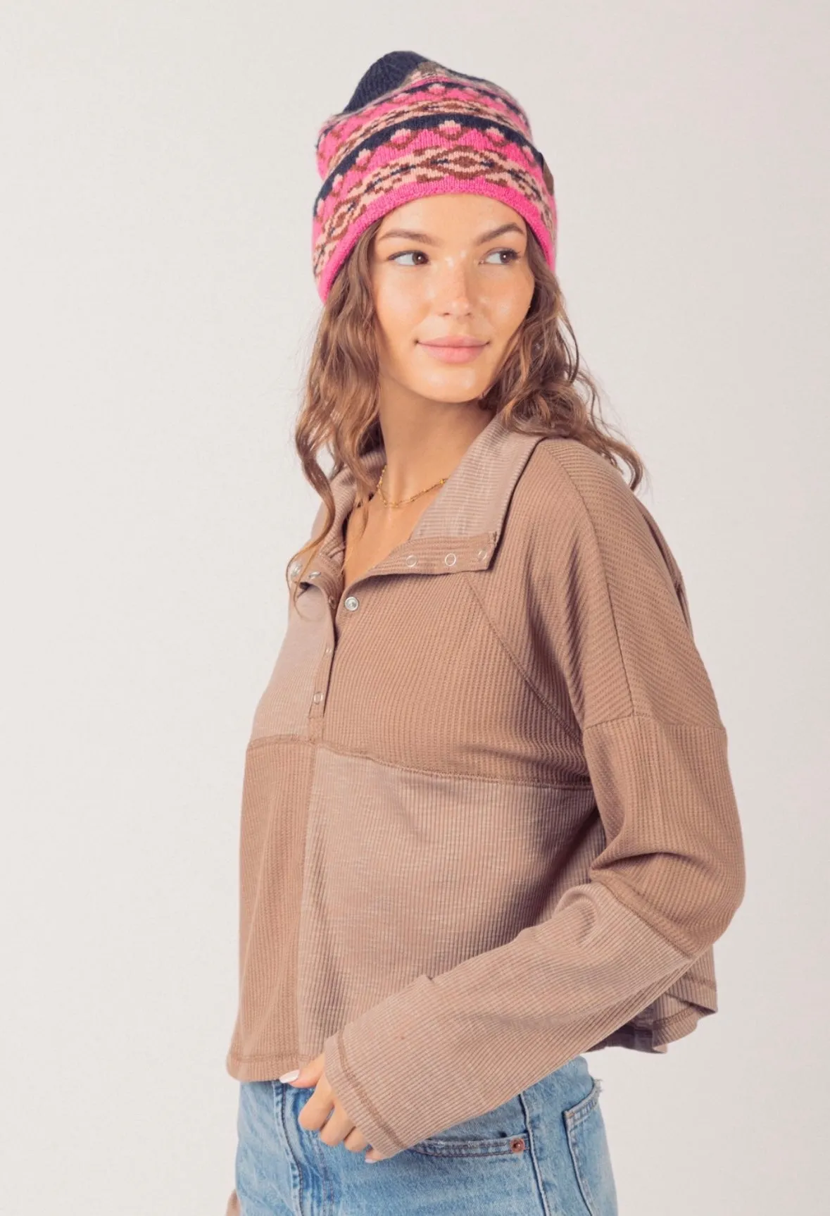 TWO COLORS - Raven Mock Neck Ribbed Henley Knit Top
