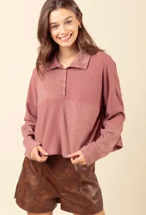 TWO COLORS - Raven Mock Neck Ribbed Henley Knit Top