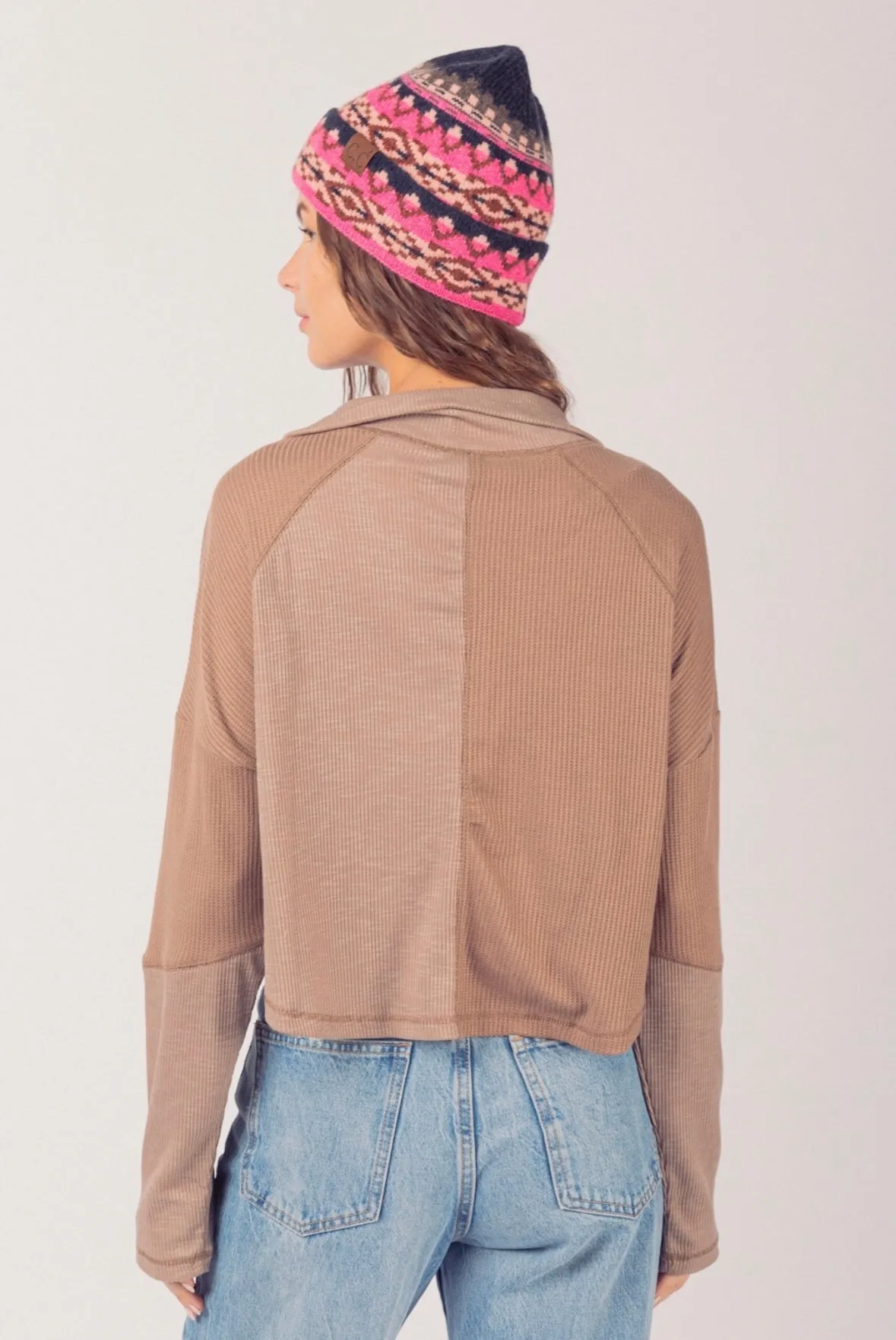TWO COLORS - Raven Mock Neck Ribbed Henley Knit Top