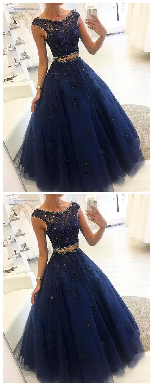 Two Piece Beaded Navy Blue Tulle Prom Dresses ,Cheap Prom Dresses,PDY0429