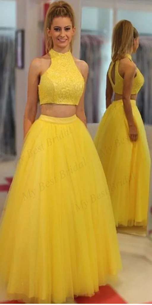 Two Piece High Neck Yellow Tulle Evening Dresses ,Cheap Prom Dresses,PDY0576